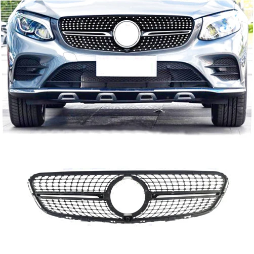 KARPAL Front Diamond Grill Grille Compatible with 2015-2019 Mercedes Benz GLC X253 GLC300 GLC350 Silver w/CAMERA HOLE
