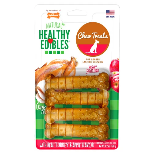 Nylabone Healthy Edibles Natural Dog Chews Long Lasting Turkey & Apple Flavor Treats for Dogs, Small/Regular (4 Count)