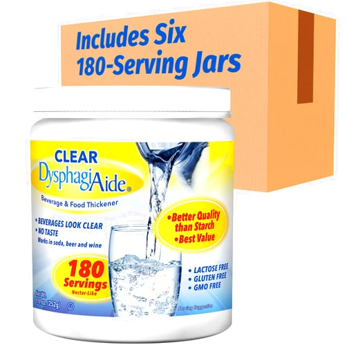 DYSPHAGIAIDE Clear DysphagiAide Thickener Powder - Instant Thickener for Liquids and Foods (180 serving, Pack of 6) – a Liquid Thickener, Drink Thickener and Water Thickener (Nectar Thick Consistency and Honey)