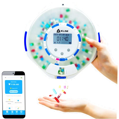 KLIM Smart Pill Dispenser Machine with Alarm + WiFi App Monitoring + 28 Day Medicine Dispenser + Automatic Pill Dispenser for Elderly with Alarm & Alzheimers Care + Lock Key + NEW 2024