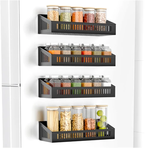 Allinside Magnetic Spice Rack for Refrigerator, Movable Magnet Fridge Seasoning Storage Organizer Shelves, Metal Kitchen Pantry Jars Holder, Stove Microwave Oven Countertop Organization, Black, 4 Pack