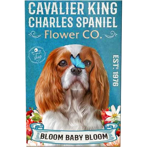 TICKPOTDFE Cavalier King Charles Spaniel Flower Company Retro Metal Tin Sign Vintage Poster Paintings Art Wall Decor for Home Living Room Coffee Shop Garden Bar 8x12 Inch
