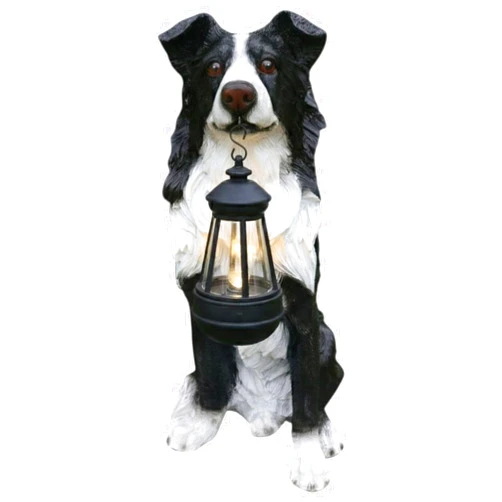 Viinecha Border Collie Statue Outdoor Decor with Solar Lantern and Welcome Sign, Lifelike Dog Garden Sculpture for Patio Lawn Yard