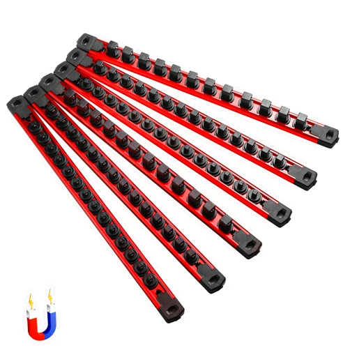 ALOANES 6-Piece Magnetic Socket Organizer, Heavy Duty Aluminum Socket Rails Organizer, 360° Swivel Clips Socket Holder Kit for Tool Box, 1/2, 3/8, 1/4-Inch Socket Holder x 80 Clips (Red)