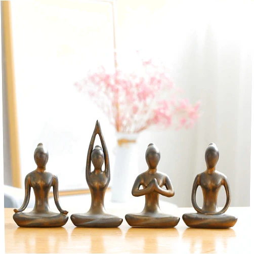 OwMell Lot of 4 Meditation Yoga Pose Statue Figurine Ceramic Yoga Figure Set Decor - Patina Gold