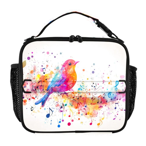 LFICRTAN Lunch Bag Colorful Music Notes and Bird Kids Boys Girls Cooler Insulated Lunch Box Two Way Handle Tote Waterproof Picnic Meal for School Office