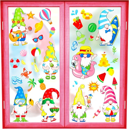 Outus 8 Sheets Summer Window Clings Gnome Stickers Beach Watermelon Lemon Tropical Static Window Clings Flip Flops Window Decal for Wall Glass Car Summer Party Birthday Decoration