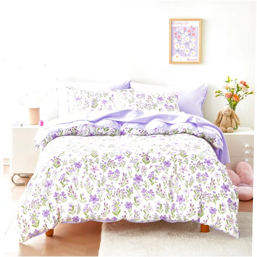 Wake In Cloud - Floral Bedding Set for Girls, Cute Colorful Botanical Flowers Patterned Soft Lightweight Comforter Set with Sheets, 5 Pieces Kids Bed in a Bag, Purple White, Twin Size