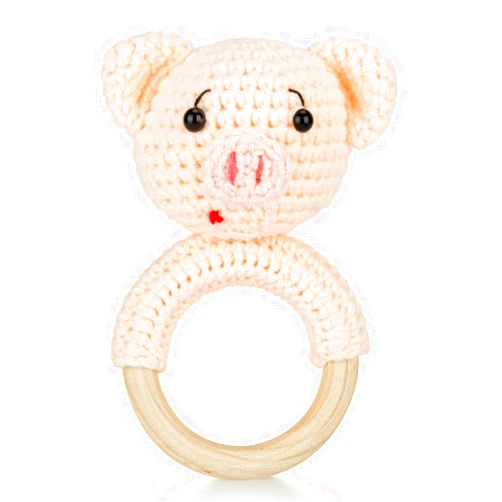 LUJCCHY Animals Wooden Baby Rattle Toys Stuffed Crochet Rattle with Teether Ring for Newborn, Shaker Rattles Natural Infants First Toy Gift