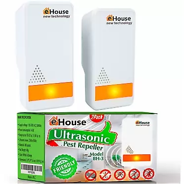 EHouse BH-3, 2 Pack - Ultrasonic Pest Repeller - Electronic & Ultrasound, Indoor Plug-in Repellent - Get rid of - Rodents, Mice, Rats, Squirrels, Bats, Insects, Bed Bugs, Ants, Fleas, Spiders, Roaches. 2 Orange