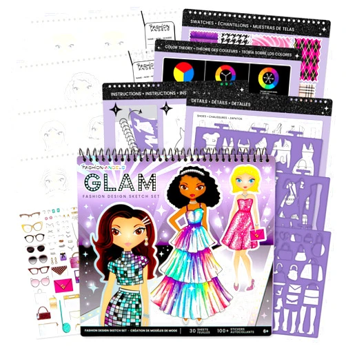 Fashion Angels Glam Fashion Sketch Set, Includes Sketch Pad with Stencils & Stickers, Fashion Design Sketch Book for Girls, Ideal Drawing Kit for Kids