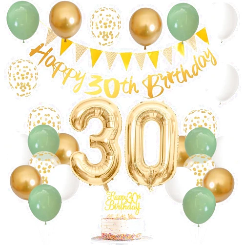 Generic 30th Birthday Decorations for Women Men, Happy 30th Birthday Banner with Cake Topper Number 30 Foil Balloon Sage Green White Gold Birthday Balloons for 30 Year Old Birthday Party Decoration