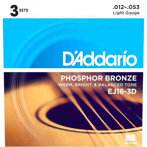 D'Addario Guitar Strings - Phosphor Bronze Acoustic Guitar Strings - EJ16-3D - Rich, Full Tonal Spectrum - For 6 String Guitars - 12-53 Light, 3-Pack