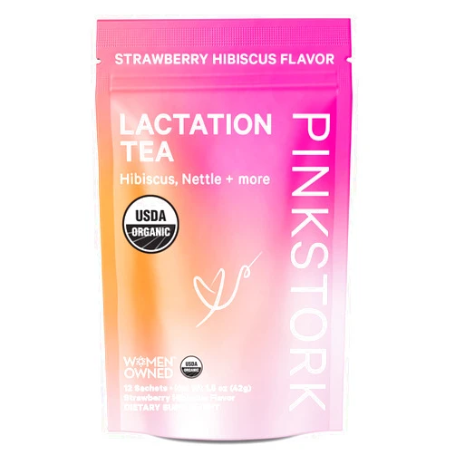 Pink Stork Organic Lactation Tea for Breast Milk Supply and Flow - Breastfeeding Support Tea with Fenugreek, Goat's Rue, Vitamin C, Nursing Essentials - 12 Sachets, Hot or Iced