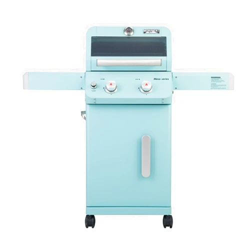 Monument Grills 2-Burner Stainless Steel Liquid Propane Gas Patio Garden Barbecue Grill with Clearview® Lid, Knob Control and Two Foldable Shelves Mesa200G, Green