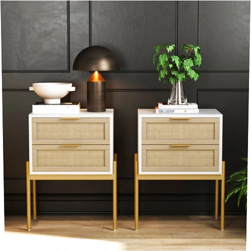 Nathan James Andrew Nightstand, Accent Bedside End Side Table with Storage Drawer, and Mid-Century Modern Legs for Living Room or Bedroom, Set of 2, White/Cane/Gold