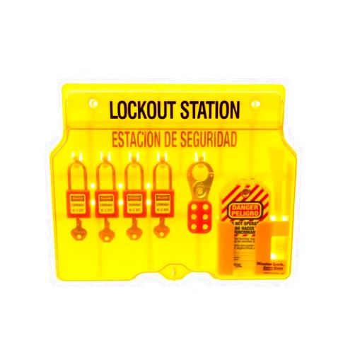 Master Lock 1482BP410 Covered Lockout Tagout Station with 4 Zenex Thermoplastic Padlocks , Yellow