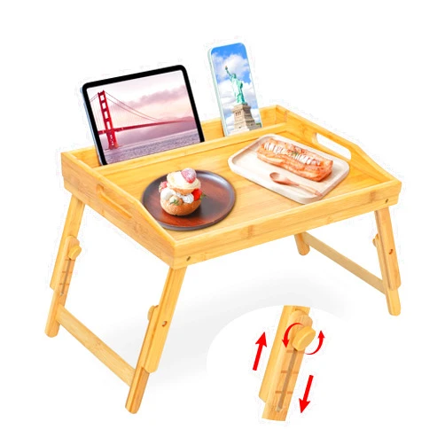 Mayyol Bed Tray Table for Eating - Bamboo Breakfast Food Table with Phone Tablet Holder - Adjustable Height Serving Tray with Folding Legs on Lap Sofa - Portable Laptop Snack Platter for Bedroom Picnic
