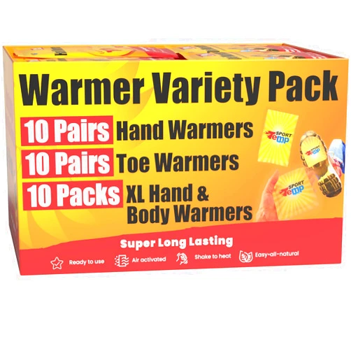 Sport Temp Hand, Toe, & XL Body and Hand Warmers - Variety Pack, 10 Pairs Hand Warmers, 10 Pairs Toe Warmers with Adhesive, 10 XL Hand & Body Warmers - Air Activated - Odorless Hot Hand - Sport Temp