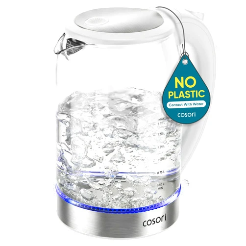 Cosori Electric Kettle, No Plastic Contact With Water, Wide Mouth For Easy Cleaning, Auto Shut Off, 1.7L Tea Kettle & Hot Water Boiler, Water Heater & Teapot, Borosilicate Glass, White, 1500W