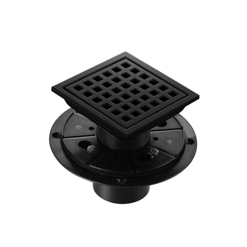 Bawojihui Shower Drain, Matte Black 4 inch Square Shower Floor Drain with Flange, Removeable Grid Panel SUS 304 Stainless Steel Square Shower Drain