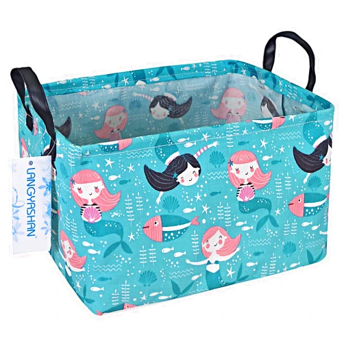 LANGYASHAN Rectangular Storage Bin Collapse Canvas Fabric Cartoon Storage Basket with Handles for Organizing Home Kitchen Boys and Girls Toys Office Closet Shelf Baskets(Rec Mermaid)