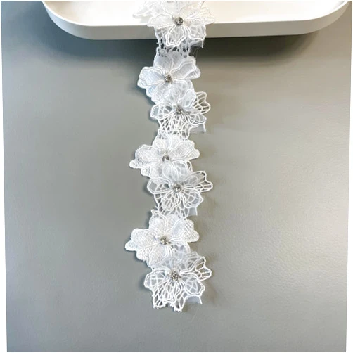 BUYSK 2 Yards 3D Pearl Beads Flower Lace Trim Ribbon Floral Applique Embroidered Lace Fabric for Sewing DIY Crafts (White)