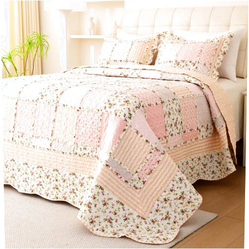 Cmfshape Garden Floral Quilt Bedspread King Size,3 Piece Patchwork Pink Quilt Set with 2 Pillow Shams,Summer Bedding Set for Girls Women,Soft Lightweight Bed Coverlet for All Seasons(King106x96 Pink&Yellow)