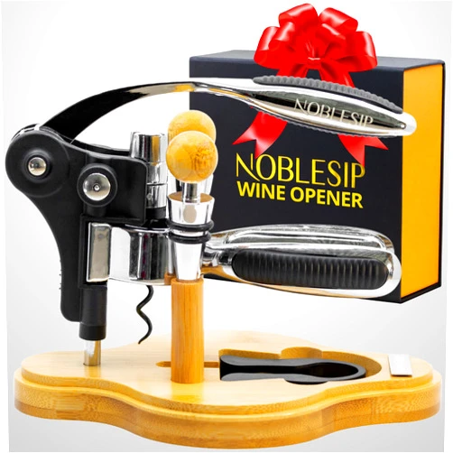 NobleSip Wine Opener Set with Wood Stand, NOBLESIP Premium. Rabbit Corkscrew, Foil Cutter, 2 Bottle Stoppers, Spare Corkscrew. Easily removes all corks. A great gift for wine lovers (2024 Upgraded, Chrome Set)