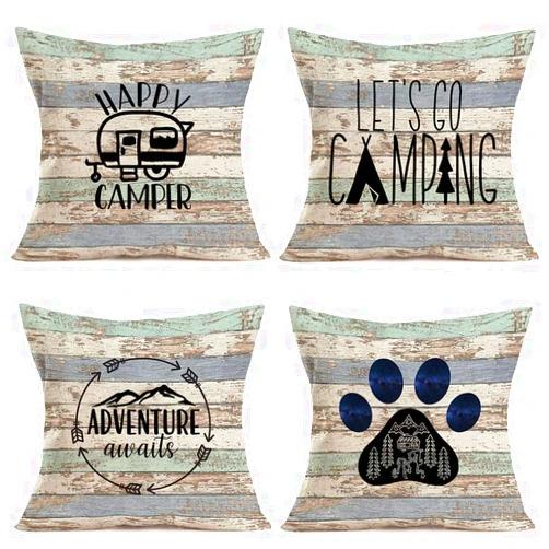 Tlovudori 4Pcs Vintage Rustic Wood Happy Camper Decorative Throw Pillow Cushion Case Cover Cotton Linen Adventure Awaits with Dog Paw Prints Pillow Covers Home Pillowcase 18
