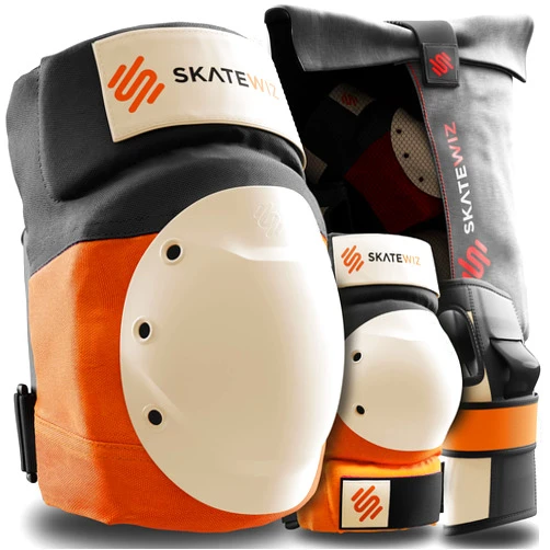 SKATEWIZ Adult Knee elbow Pads Roller Skate Pads Adult Women [6pc] SHIELD Size ML in Orange - Elbow Pads Set Wrist Guards - skating protective gear adult skate - Roller skate Skateboard Youth