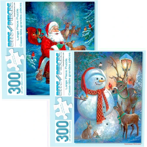 Bits and Pieces - Set of Two (2) 300 Piece Jigsaw Puzzles for Adults - Snowman Welcome, Santa's Woodland Friends - 300 pc Christmas Santa Winter Holiday Jigsaws by Artist Ruane Manning