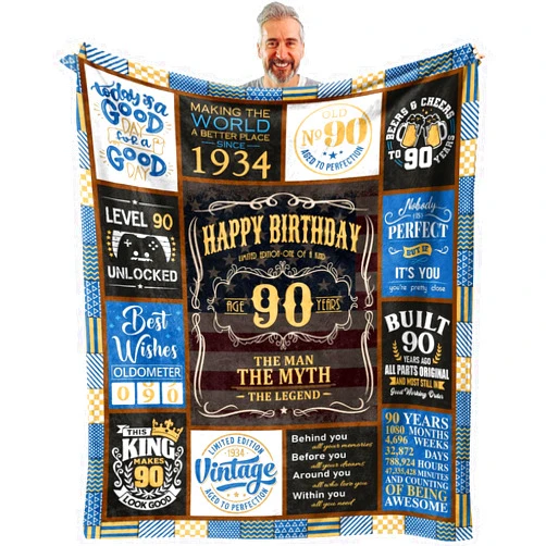 VXDRZGT 90th Birthday Blanket 60 x 50 inch - 90th Birthday Gifts for Men - 90 Year Old Birthday Gifts for Men - Best Gifts for 90 Year Old Man - 1934 Birthday Gifts - 90 th Birthday Gift Ideas