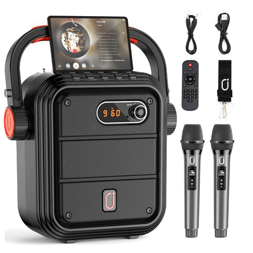 JYX Karaoke Machine with 2 Wireless Microphones, Portable Bluetooth Speaker PA System with Shoulder Strap, Subwoofer Support TWS, USB, Radio, AUX, REC, Bass&Treble for Home Party/Meeting/Adults/Kids