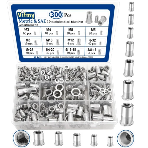 Vifmy Metric & SAE Rivet Nut Assortment Kit(300 Pcs), M3 M4 M5 M6 M8 M10 M12#8-32#10-24 1/4