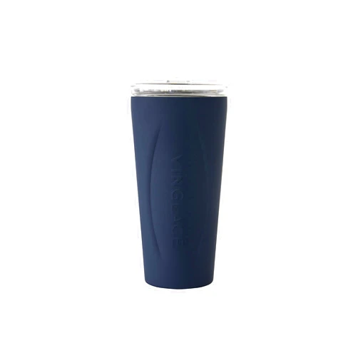 Vinglacé Stainless Steel Drink Tumbler- Insulated Hot and Cold Beverage Cup with Glass Insert and Lid, 14 oz, Navy
