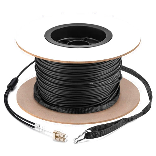 Threlaco 500ft (150 Meters) OM3 Fiber LC to LC Multimode Outdoor Armored Fiber Optic Cable with Pulling Eye Kit Installed on one end 10GB Jumper Duplex 50/125um Low Friction LSZH Optic Cable Cord