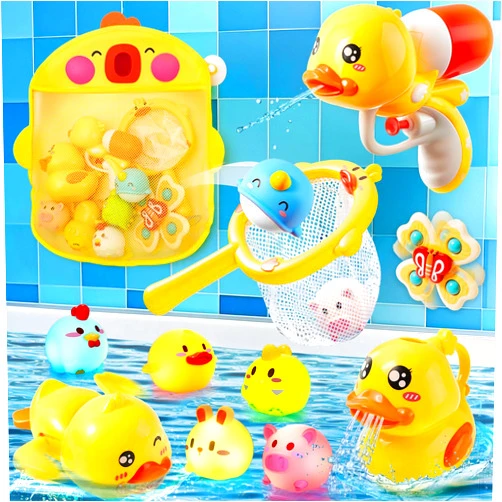 TUZT Duck Baby Bath Toys for Toddler Kid, 12 Pcs Bathtub Toy with Water Shooter/ Wind up Swimming Ducky/ Glow Floating Animal/ Fishing Net/ Organizer/ Suction Spinner, Beach Pool Infant Birthday Gift