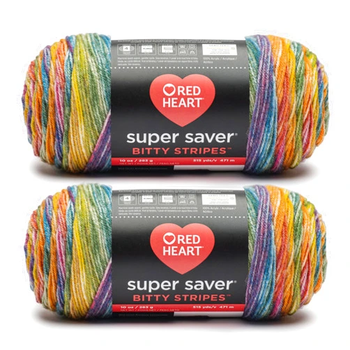 Red Heart Super Saver Bitty Stripes Rainbow Yarn - 2 Pack of 10oz/283g - 100% Acrylic - #4 Worsted (Medium) - 515 Yards - Knitting/Crochet