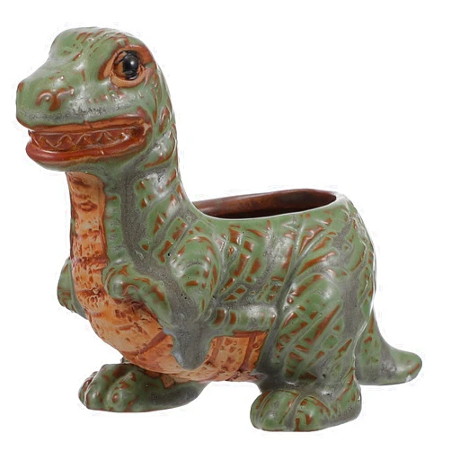 Yardwe Dinosaur Shape Ceramic Succulent Planter Pot Cute Cartoon Tyrannosaurus Animal Plant Pot with Drain Hole Vintage Flower Container Windowsill Box for Home Planting Gardening