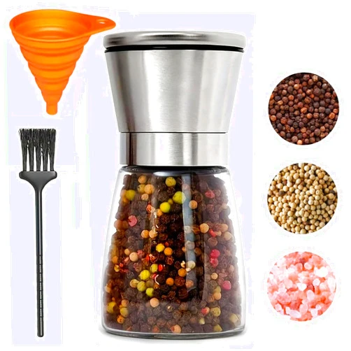 TooWoom Pepper Grinder Salt Grinder, 5.5 inch Stainless Steel Pepper Mill w/Adjustable Coarseness, Refillable Salt with Funnel, Cleaning Brush, Manual Pepper Grinder for Black Peppercorns