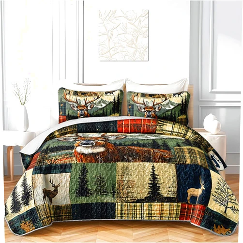 QOOMO Hunting Deer Quilt Set Full/Queen Size, 3 Pieces Rustic Cabin Bear Printed Bedspreads Coverlet Set, Soft Microfiber Lightweight Woodland Animal Bedding Set with 2 Pillowcases for All Season
