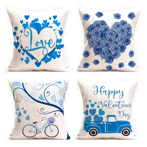 Fukeen Happy Valentine’s Day Throw Pillow Covers 18x18 Inch Blue Truck Bicycle with Love Heart Rose Flowers Farmhouse Decorative Pillow Cases Romantic Style Set of 4 Cotton Linen Cushion Cover