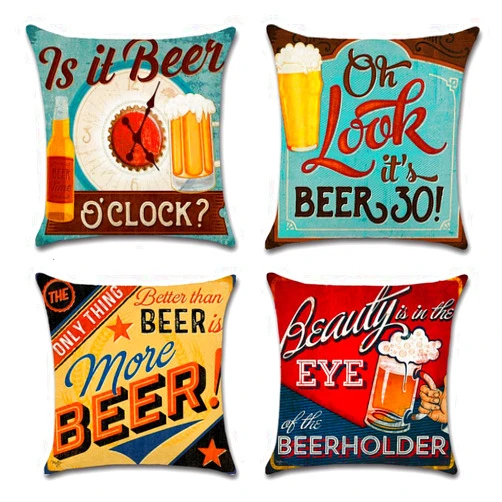 ULOVE LOVE YOURSELF Cotton Linen Throw Pillow Case Square Decorative Cushion Cover with Beer Pattern 18 X 18 Inch Pillow Covers,4 Pack