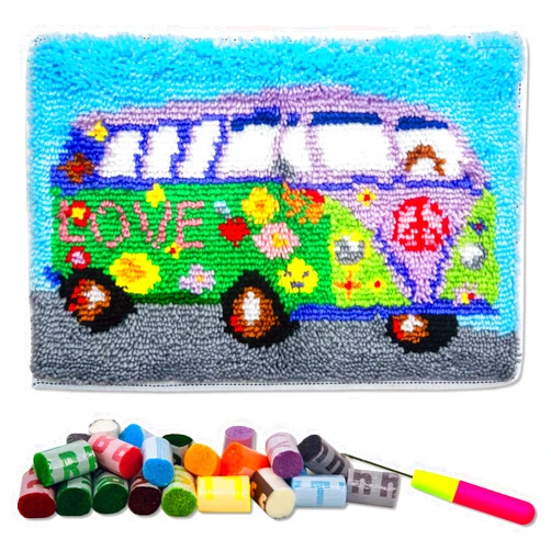 LAPATAIN Latch Hook Kits DIY Crochet Yarn Kits,Flower Car Carpet Embroidery Hook Rug Kit Needlework Sets Cushion for Kids or Adults Home Decor 20x15inch