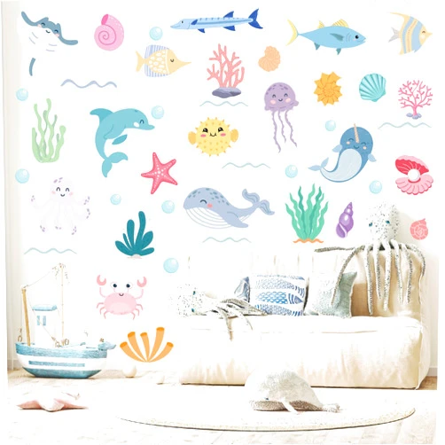 AOWDIAO 58 Pcs Ocean Animals Wall Decals - Peel and Stick Under the Sea Kids’ Room & Nursery Decor