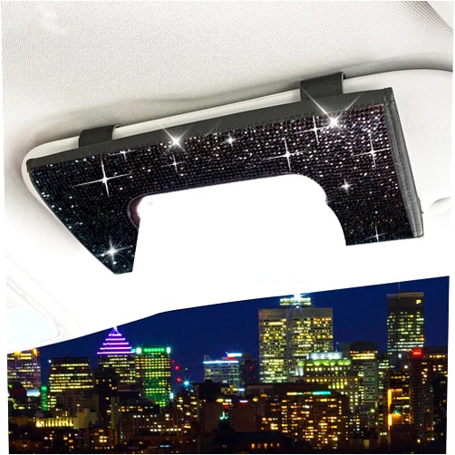 ChuLian Bling Bling Car Visor Tissue Holder Leather Crystals Paper Towel Cover Case & Glitter Sunglasses Clip for Women Black