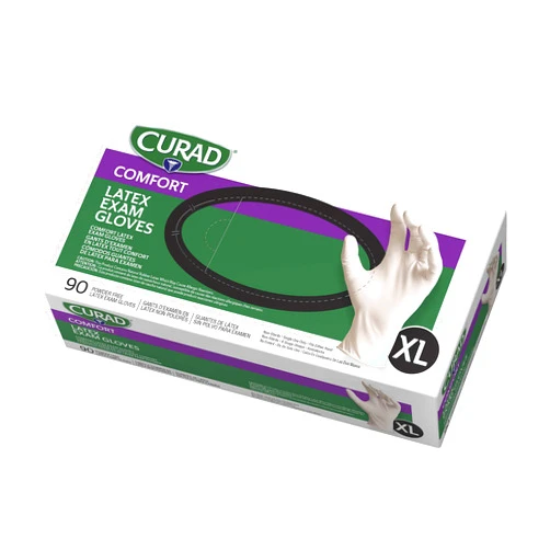 CURAD Comfort Disposable Medical Latex Gloves, Powder-Free, Textured, Premium Quality for Healthcare Professionals, Size X-Large, Box of 90