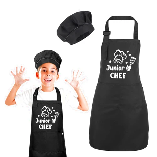 Auidy_6TXD Kids Apron and Chef Hat Set, Funny Apron (Junior CHEF) Adjustable Child Apron with 2 Pockets Waterproof Chef in Training Gifts for Boys and Girls 61.5 x 45 cm