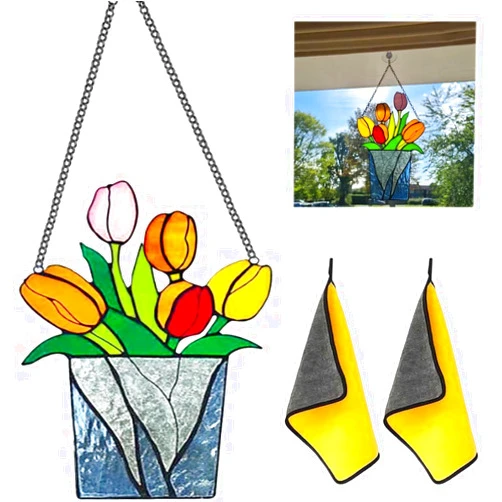 Heyxinda Window Hanging Stained Suncatcher, Stained Aryclic Plant Window Hanging, Artificial Flowers Stained Hangings Plant for Windows, Wall Art Decoration & Gift (Tulip 1Pcs)